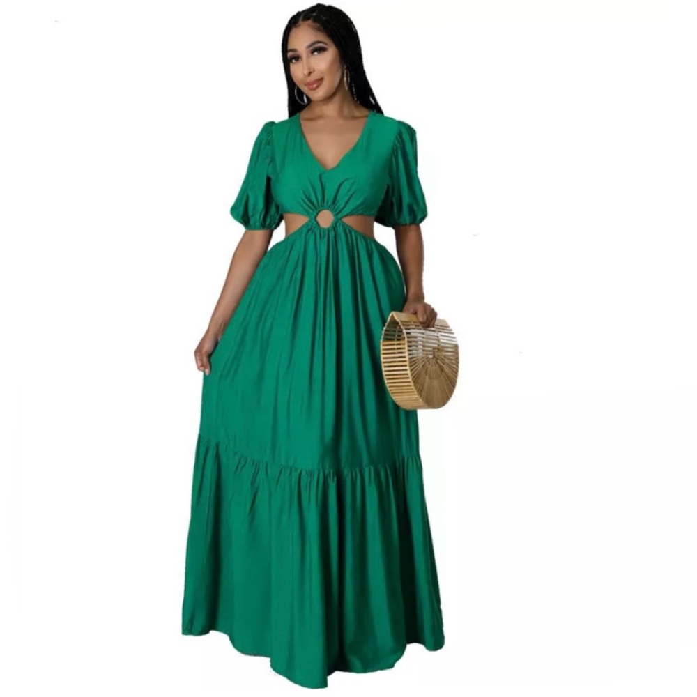 Boho Puff Sleeve Maxi Ruffled Dress - Size XL